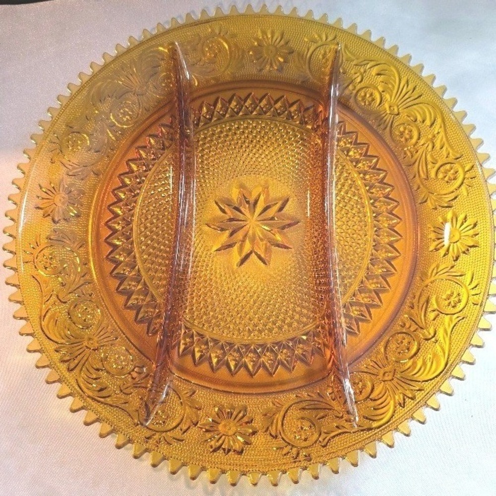 Vintage Tiara Indiana Amber Glass Platter, Divided Relish Dish, Party Tray, 12"